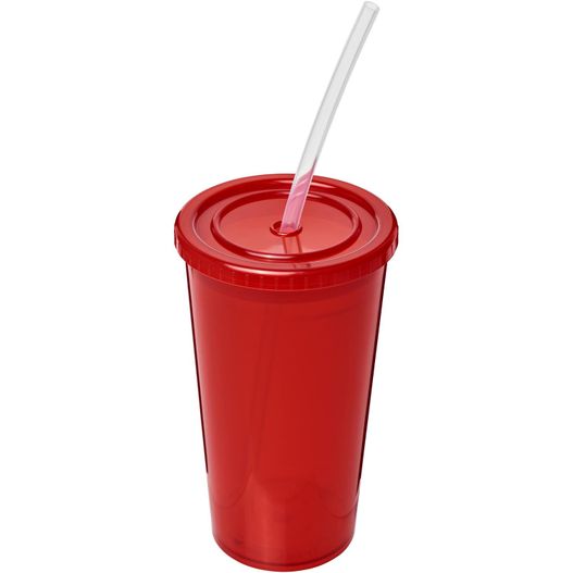 einen roten kunststoffbecher mit einem stroh und einem stroh darin Stadion 350 ml doppelwandiger Becher (Bild 1)