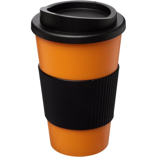 eine tasse mit einem schwarzen deckel und einem schwarzen band Americano® 350 ml Isolierbecher mit Schutzring (Bild 1)