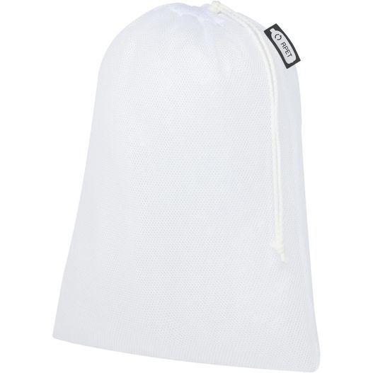 eine weiße meshtasche mit einem kommode recycelter Polyester-Zuziehbeutel, 25 x 32 cm (Bild 1)