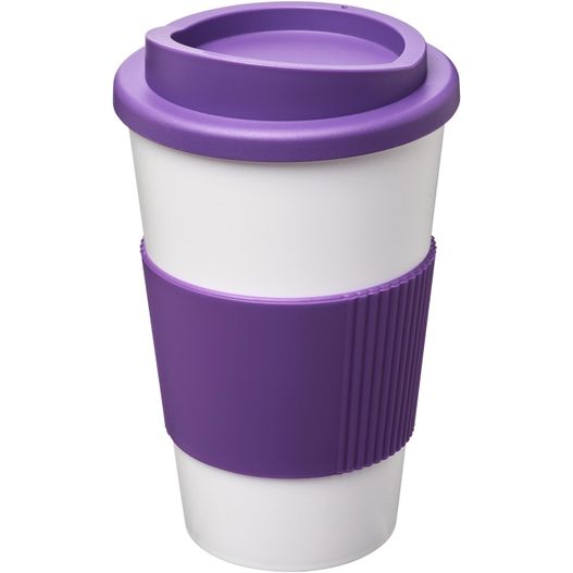 eine lila und weiße tasse mit einem lila deckel Americano® 350 ml Isolierbecher mit Schutzring (Bild 1)