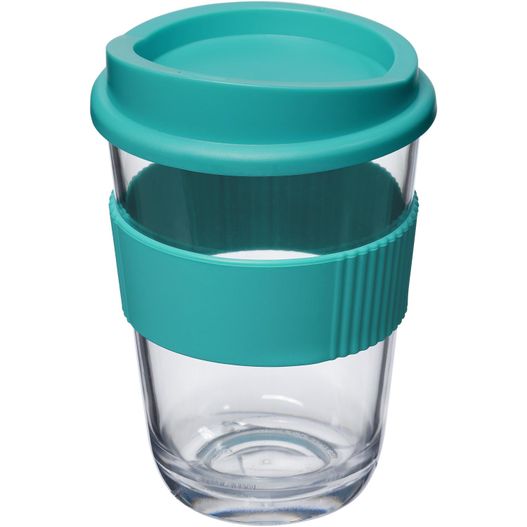 eine glasbecher mit blauem deckel und einer kunststoffbecherhülse Americano® Cortado 300 ml Becher mit Griff (Bild 1)