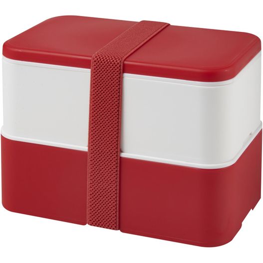 eine rote und weiße lunchbox mit einem roten riemen MIYO 700+700 ml Doppel-Lunchbox (Bild 1)