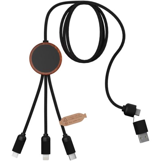 ein usb-kabel mit einem ladegerät verbunden SCX.design C37 40W 5-in-1 rPET Ladekabel in rundem Bambusgehäuse mit Leuchtlogo (Bild 1)