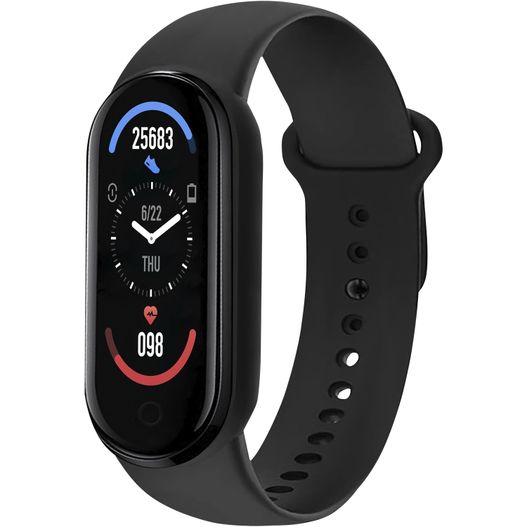 eine schwarze smart-uhr mit einem roten und blauen gesicht Prixton AT410 Smartband (Bild 1)
