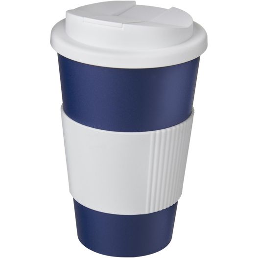 eine blaue und weiße kaffeetasse mit einem deckel Americano® 350 ml Isolierbecher mit Schutzring & auslaufsicherem Schraubverschluss (Bild 1)