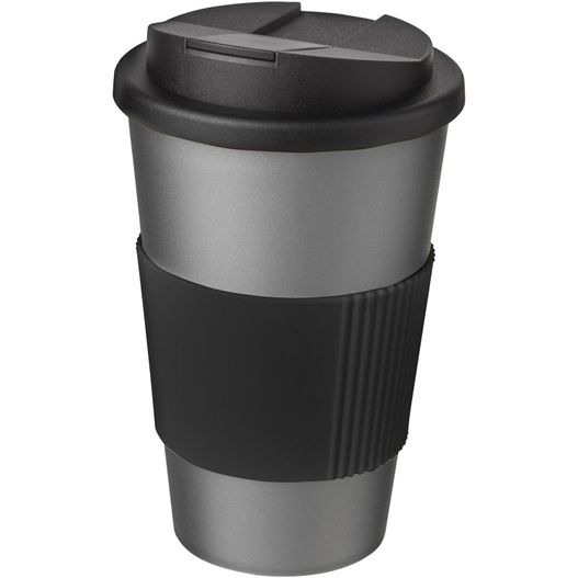 eine schwarze und silberne kaffeetasse mit einem deckel Americano® 350 ml Isolierbecher mit Schutzring & auslaufsicherem Schraubverschluss (Bild 1)