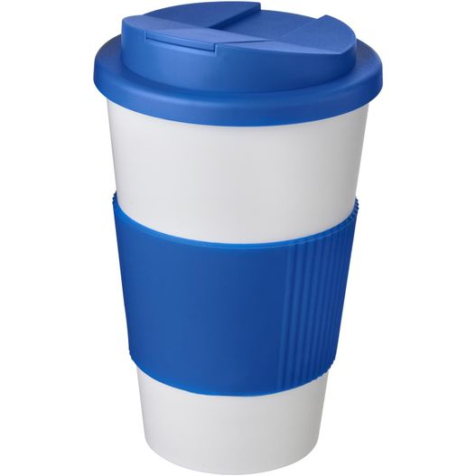 eine blaue und weiße kaffeetasse mit einem deckel Americano® 350 ml Isolierbecher mit Schutzring & auslaufsicherem Schraubverschluss (Bild 1)