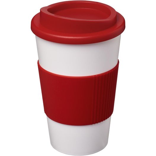 eine rote und weiße tasse mit rotem deckel Americano® 350 ml Isolierbecher mit Schutzring (Bild 1)