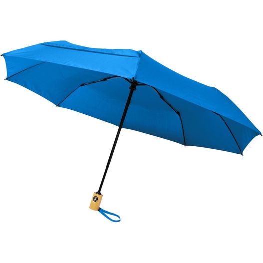blauer regenschirm mit holzgriff auf weißem hintergrund Bo 21" Vollautomatik Kompaktregenschirm aus recyceltem PET-Kunststoff (Bild 1)