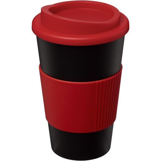 eine rote und schwarze tasse mit einem deckel Americano® 350 ml Isolierbecher mit Schutzring (Bild 1)