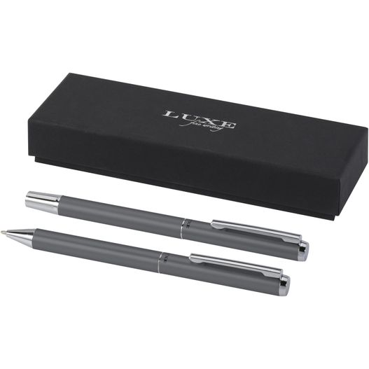 ein stift und ein bleistift in einer schwarzen box Lucetto Set mit Kugelschreiber und Tintenroller aus recyceltem Aluminium (schwarze Mine) (Bild 1)