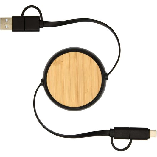 Chechia 100cm 5-in-1 Kabel aus recyceltem Kunststoff, einziehbar, für Datenübertragung und 45W Schnellladung mit Bambusdetail (Bild 1)