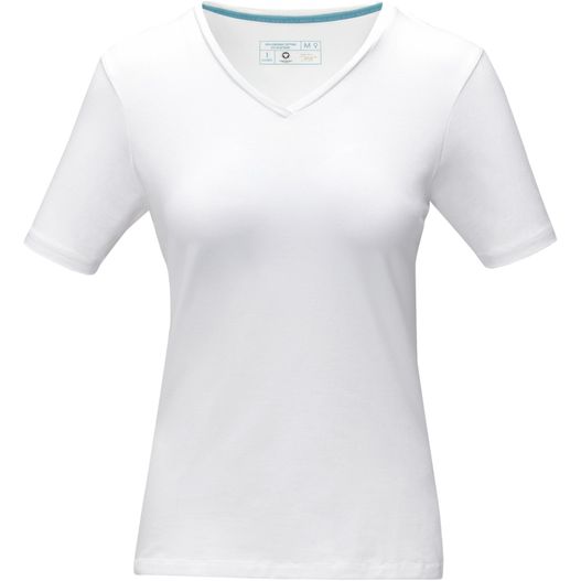ein weißes hemd mit einem blauen streifen am hals Kawartha T-Shirt für Damen mit V-Ausschnitt (Bild 1)