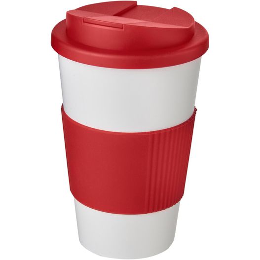 eine rote und weiße kaffeetasse mit einem deckel Americano® 350 ml Isolierbecher mit Schutzring & auslaufsicherem Schraubverschluss (Bild 1)