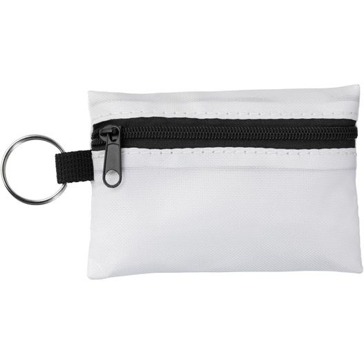 ein weißer beutel mit einem schwarzen reißverschluss und einem metallring Valdemar 16-teilige Erste-Hilfe-Tasche mit Schlüsselanhänger (Bild 1)