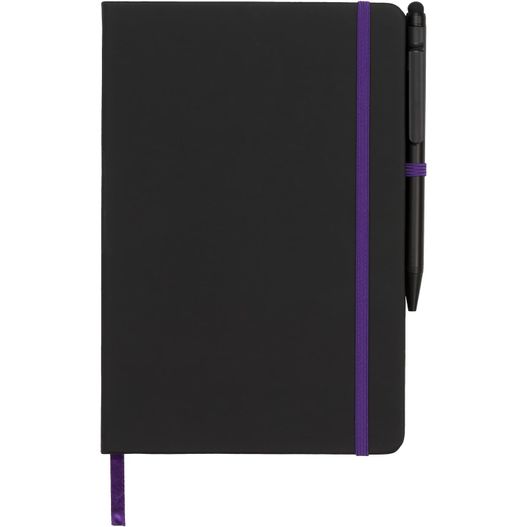 ein schwarzes notizbuch mit einem violetten stift oben Noir Edge A5 Notizbuch mit farbigem Rand (Bild 1)