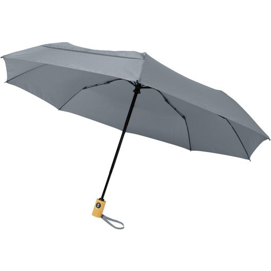 grauer regenschirm mit gelbem griff Bo 21" Vollautomatik Kompaktregenschirm aus recyceltem PET-Kunststoff (Bild 1)
