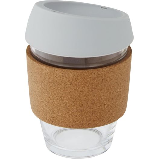 glasbecher mit korkendeckel und weißem deckel Lidan 360 ml Becher aus Borosilikatglas mit Korkgriff und Silikondeckel (Bild 1)