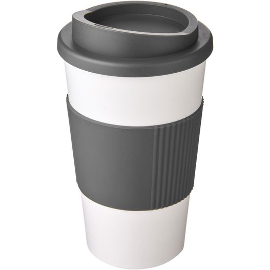 eine tasse mit einem deckel und einem schwarzen und weißen streifen Americano® 350 ml Isolierbecher mit Schutzring (Bild 1)