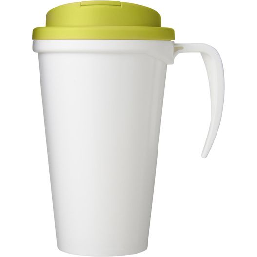 eine weiße tasse mit einem gelben deckel und einem grünen deckel Brite-Ameriano® Grande 350 ml Isolierbecher mit auslaufsicherem Schraubverschluss (Bild 1)