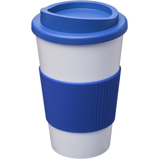 eine blaue und weiße kaffeetasse mit einem deckel Americano® 350 ml Isolierbecher mit Schutzring (Bild 1)