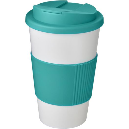 eine blaue und weiße kaffeetasse mit einem deckel Americano® 350 ml Isolierbecher mit Schutzring & auslaufsicherem Schraubverschluss (Bild 1)