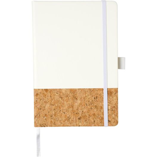 ein weißes notizbuch mit korkabdeckung und einem weißen elastischen band Evora A5 Notizbuch Thermo PU mit Kork (Bild 1)