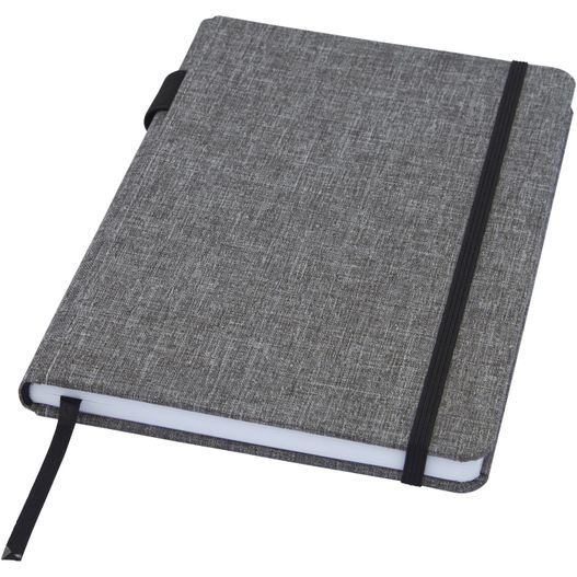 ein graues notizbuch mit einem schwarzen elastischen band Orin A5 Notizbuch aus RPET (Bild 1)