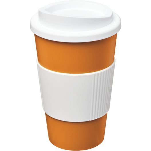 eine tasse kaffee mit einem deckel und einem weißen streifen Americano® 350 ml Isolierbecher mit Schutzring (Bild 1)