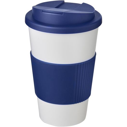 eine blaue und weiße kaffeetasse mit einem deckel Americano® 350 ml Isolierbecher mit Schutzring & auslaufsicherem Schraubverschluss (Bild 1)