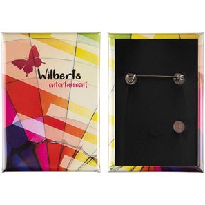 Metallbutton 78x53mm rechteckig Hinterseite mit vertikalen Nadel