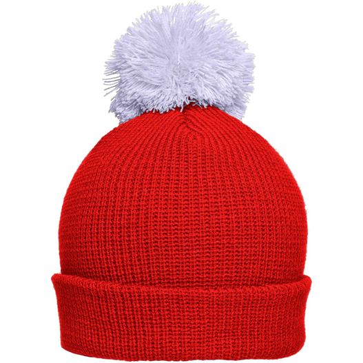 eine rote strickmütze mit einem weißen pom pom Pompon Hat with Brim - Strickmütze mit Umschlag und Pompon (Bild 1)