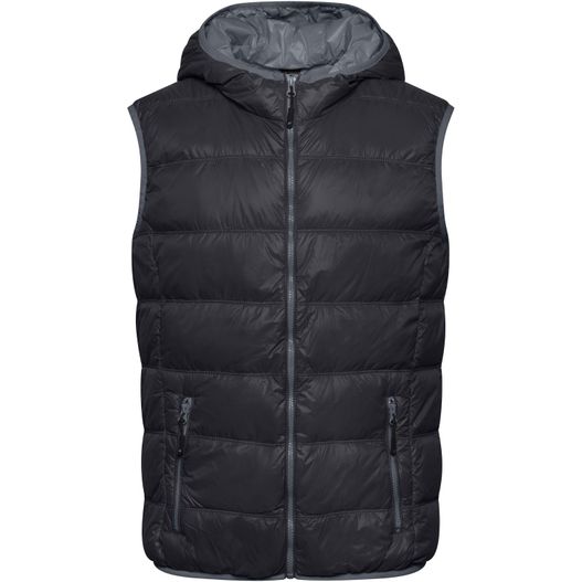 eine schwarze weste mit kapuze und reißverschluss Men's Down Vest - Ultraleichte sportliche Daunenweste mit Kapuze (Bild 1)