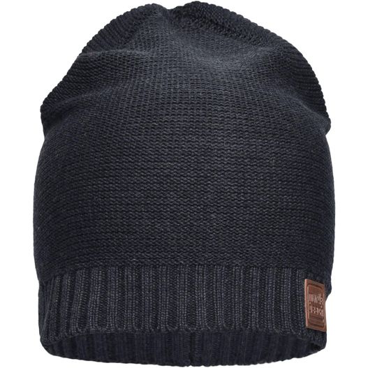 eine schwarze strickmütze mit einem lederpatch Cotton Hat - Moderne Baumwoll-Strickmütze (Bild 1)