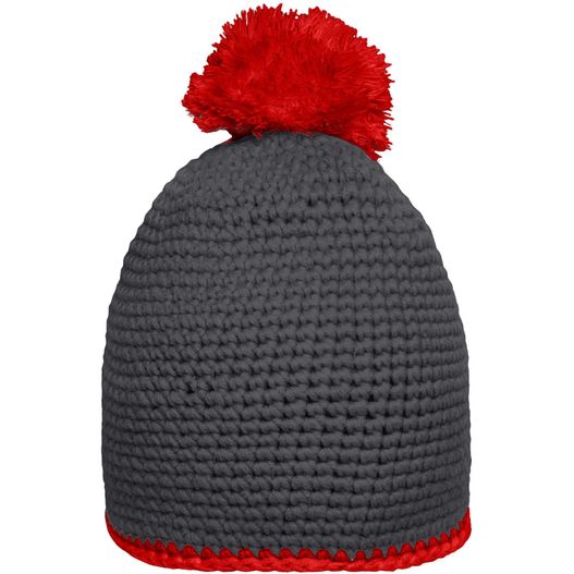 eine graue und rote strickmütze mit einem pom Pompon Hat with Contrast Stripe - Häkelmütze mit Kontrastrand und Pompon (Bild 1)