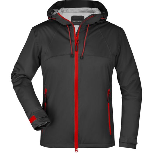 eine schwarze und rote jacke mit kapuze Ladies' Outdoor Jacket - Ultraleichte Softshelljacke für extreme Wetterbedingungen (Bild 1)