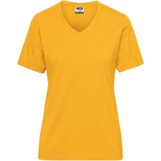 ein weibliches gelbes v-hals t shirt Ladies' BIO Workwear T-Shirt - Strapazierfähiges und pflegeleichtes T-Shirt (Bild 1)