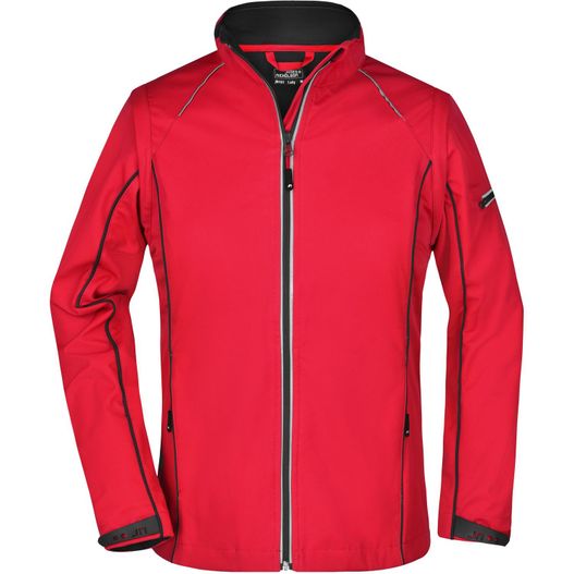 eine rote jacke mit schwarzen trimmen und einem reißverschluss Ladies' Zip-Off Softshell Jacket - 2 in 1 Jacke mit abzippbaren Ärmeln (Bild 1)