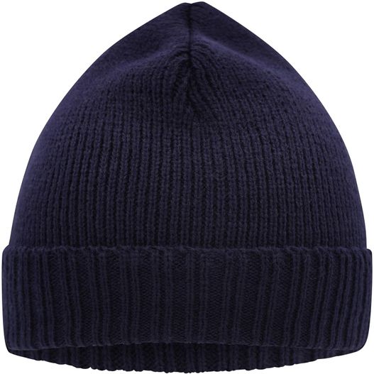 ein navy hut mit einem weißen logo auf der vorderseite Basic Knitted Beanie - Promotion Strickmütze mit Umschlag (Bild 1)