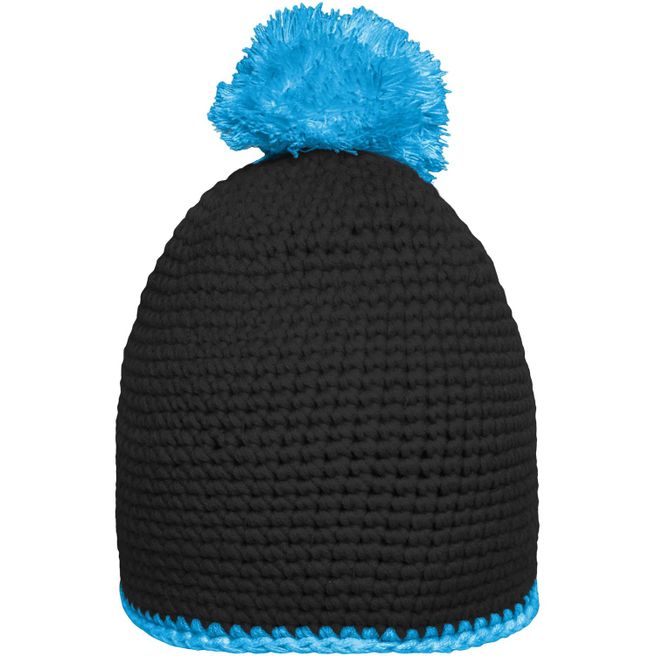 Pompon Hat with Contrast Stripe - Häkelmütze mit Kontrastrand und Pompon