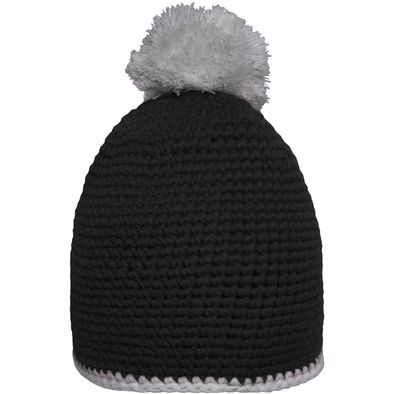 Pompon Hat with Contrast Stripe - Häkelmütze mit Kontrastrand und Pompon