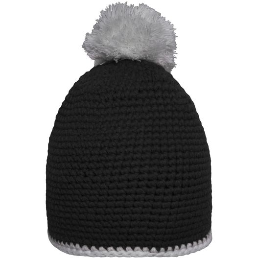eine schwarze und weiße strickmütze mit einem pom Pompon Hat with Contrast Stripe - Häkelmütze mit Kontrastrand und Pompon (Bild 1)