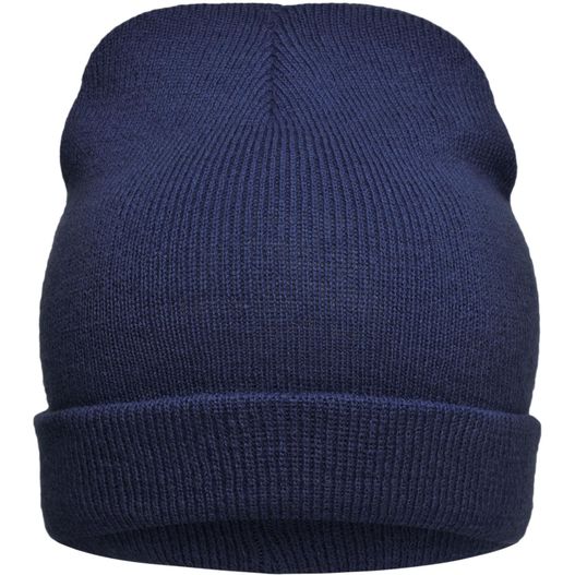 eine marine mütze mit einem weißen logo Knitted Promotion Beanie - Sehr leichte Promotion Strickmütze mit Umschlag (Bild 1)