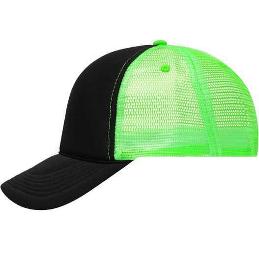 einen schwarzen und grünen hut mit einem netzrücken 5 Panel Retro Mesh Cap - 5 Panel Cap mit retrogetreuer Zierkordel über dem Schild (Bild 1)