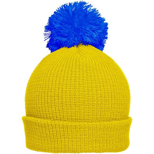 ein gelber hut mit einem blauen pom pom Pompon Hat with Brim - Strickmütze mit Umschlag und Pompon (Bild 1)