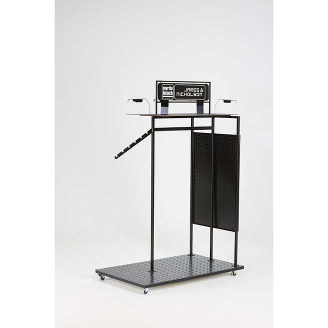 POS Rack Steel - Repräsentativer Verkaufsständer für attraktive Produktpräsentation aus zeitlosem schwarz gepulvertem Stahl mit 4 Lenkrollen (davon 2 feststellbar)