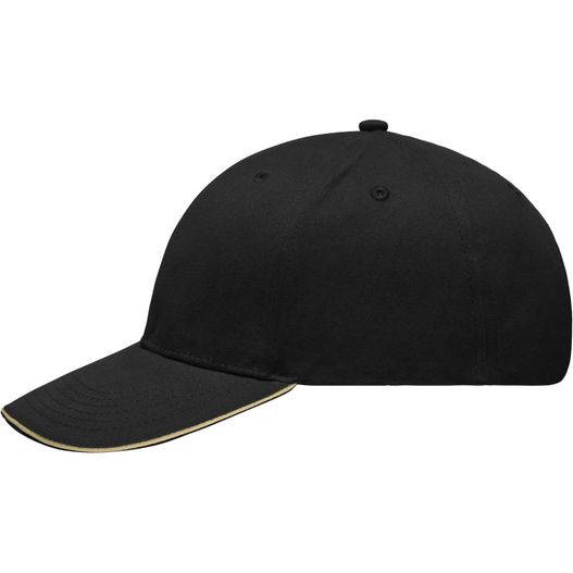 eine schwarze baseballkappe mit einem goldstreifen Light Brushed Sandwich Cap - Hochwertige, leichte und weiche 6 Panel Cap (Bild 1)