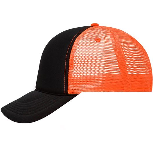 ein schwarzer und oranger hut mit einem netzrücken 5 Panel Retro Mesh Cap - 5 Panel Cap mit retrogetreuer Zierkordel über dem Schild (Bild 1)