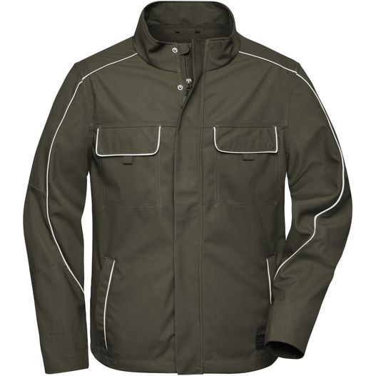 eine grüne jacke mit weißen pips und einem schwarzen kragen Workwear Softshell Light Jacket - SOLID - - Professionelle, leichte Softshelljacke im cleanen Look mit hochwertigen Details (Bild 1)