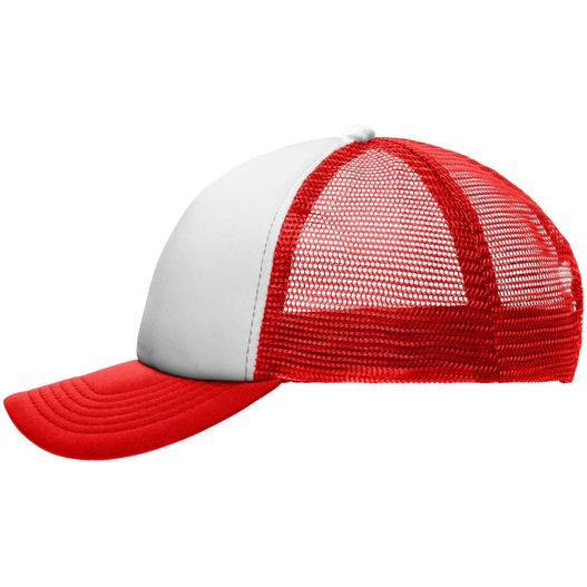 einen roten und weißen hut auf weißem hintergrund 5 Panel Polyester Mesh Cap for Kids - Trendiges 5 Panel Mesh Cap in zahlreichen Farbvarianten (Bild 1)